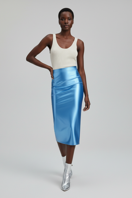 Jupe Midi Bleu Satiné Élégante