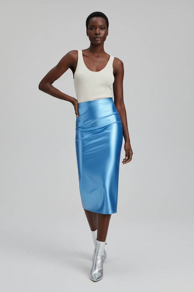 Jupe Midi Bleu Satiné Élégante