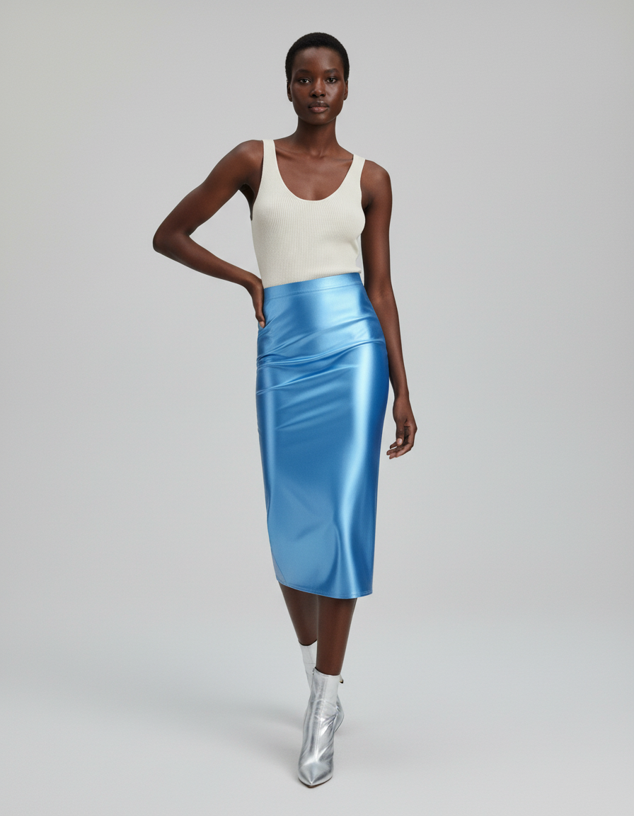 Jupe Midi Bleu Satiné Élégante