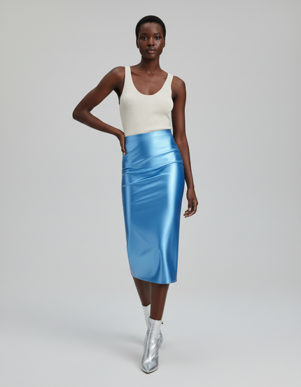 Jupe Midi Bleu Satiné Élégante