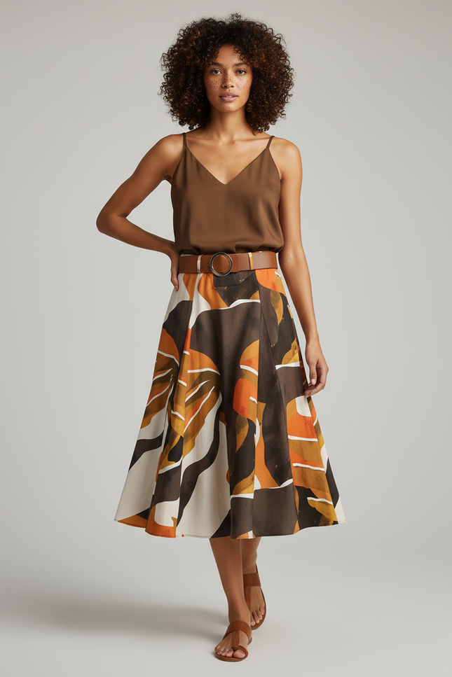 Jupe Midi Imprimé Abstrait Évasée Élégante