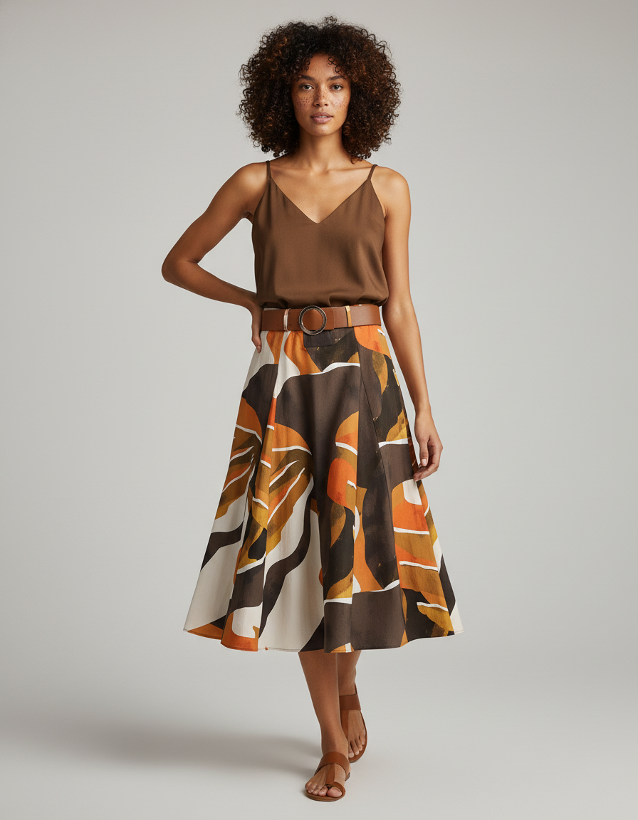 Jupe Midi Imprimé Abstrait Évasée Élégante