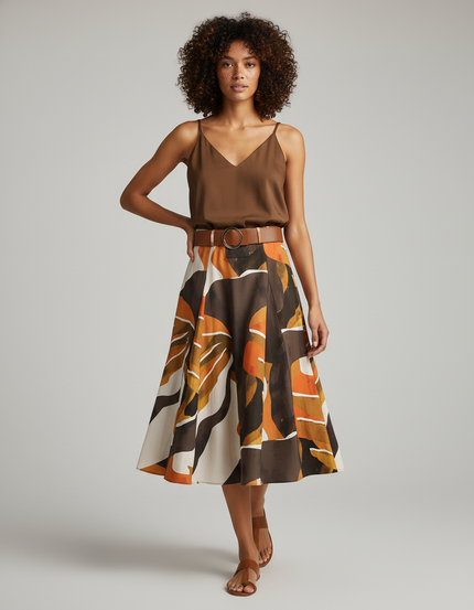 Jupe Midi Imprimé Abstrait Évasée Élégante