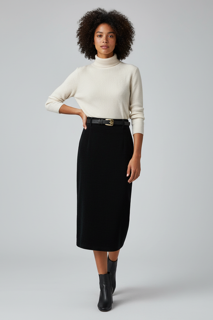 Jupe Midi Noire Côtelée Élégante structurée