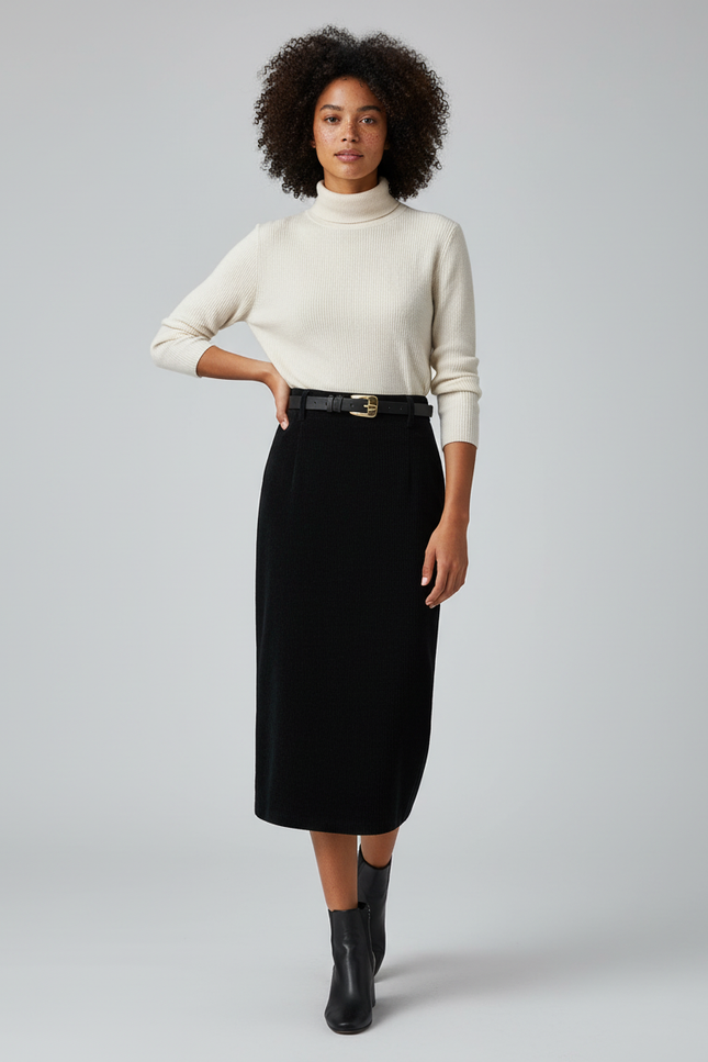 Jupe Midi Noire Côtelée Élégante structurée