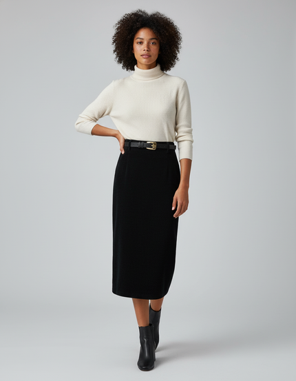Jupe Midi Noire Côtelée Élégante structurée