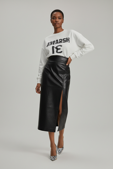 Jupe Midi Noire Cuir Verni Fendue Élégante