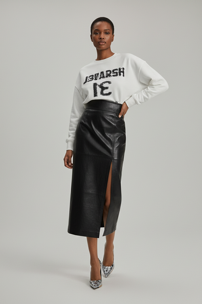 Jupe Midi Noire Cuir Verni Fendue Élégante