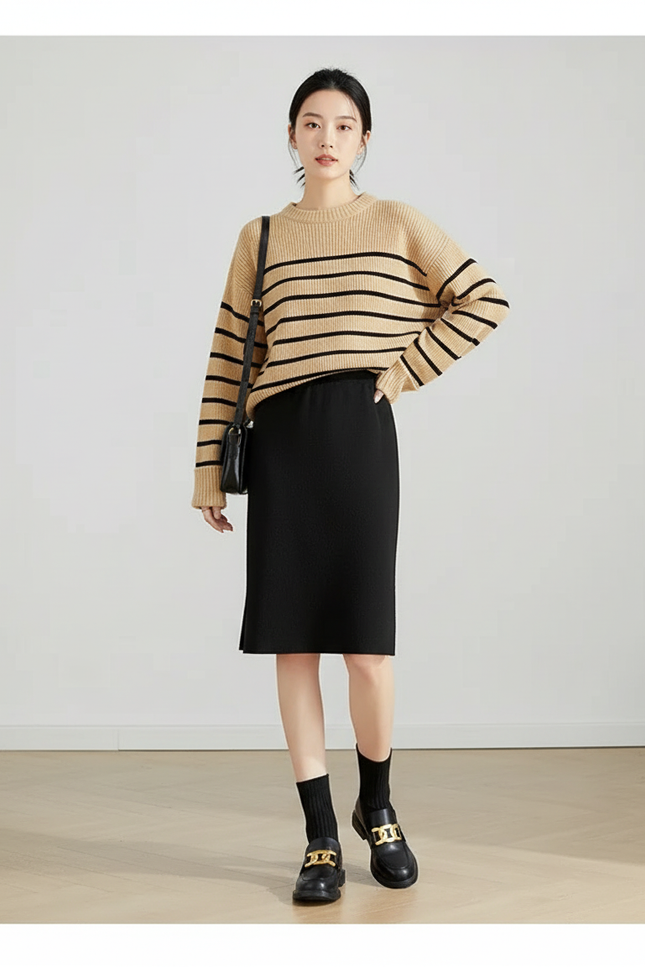 Jupe Midi Noire Tricotée Décontractée