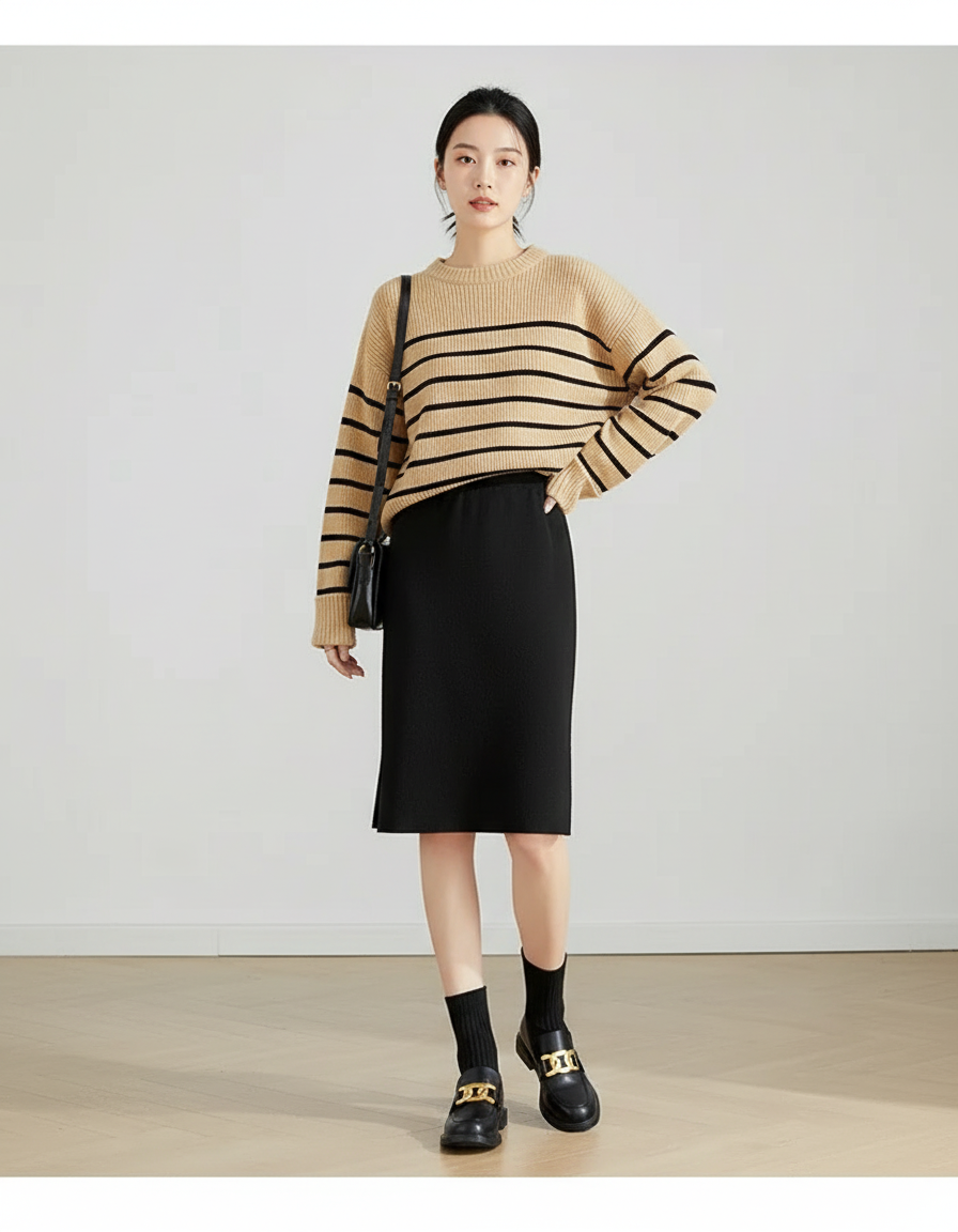 Jupe Midi Noire Tricotée Décontractée