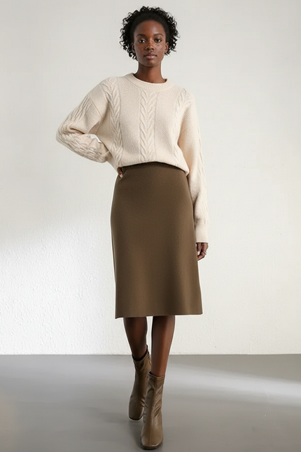 Jupe Midi Vert Olive Maille Rétro