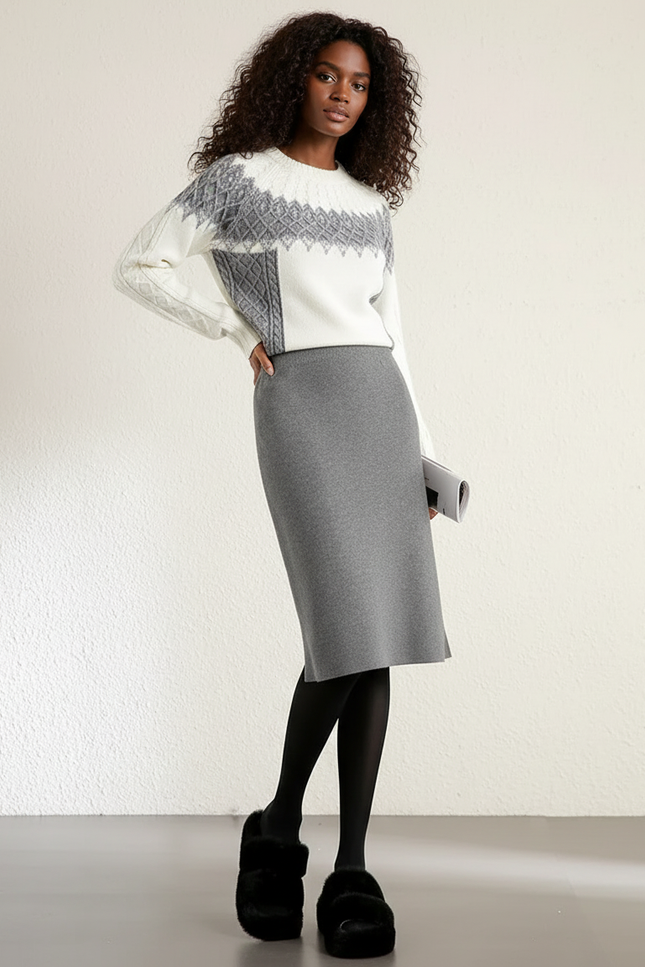 Jupe Midi Gris Maille Décontractée