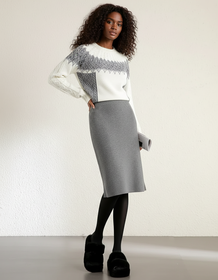 Jupe Midi Gris Maille Décontractée