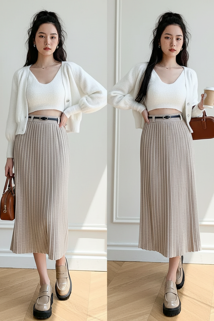 Jupe Midi Tricotée Plissée Élégante