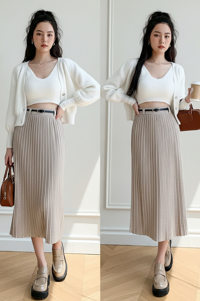 Jupe Midi Tricotée Plissée Élégante