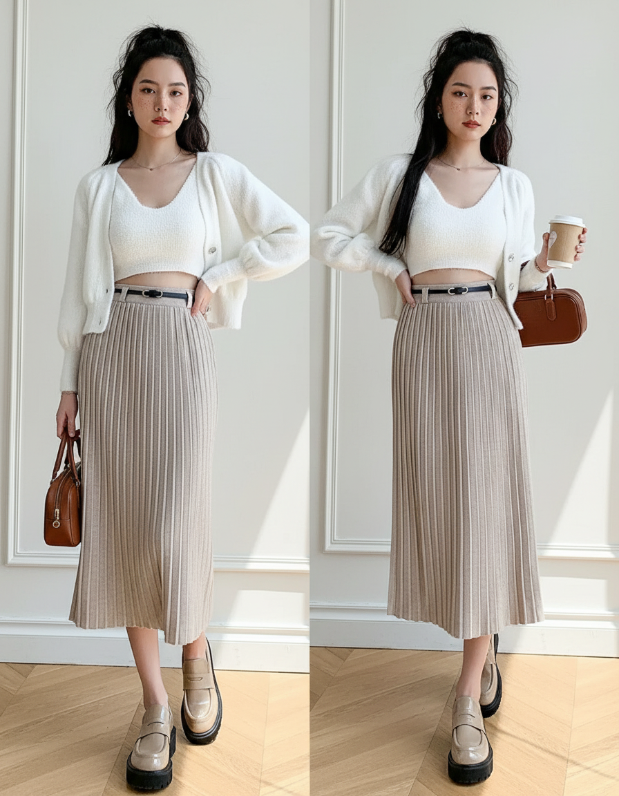 Jupe Midi Tricotée Plissée Élégante