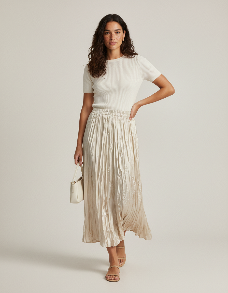 Jupe Plissée Midi Beige