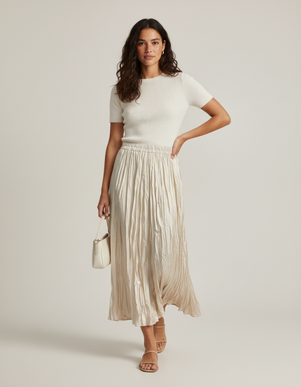 Jupe Plissée Midi Beige