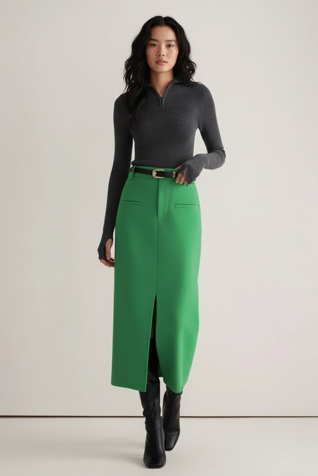 Jupe Midi Verte Fendue Chic
