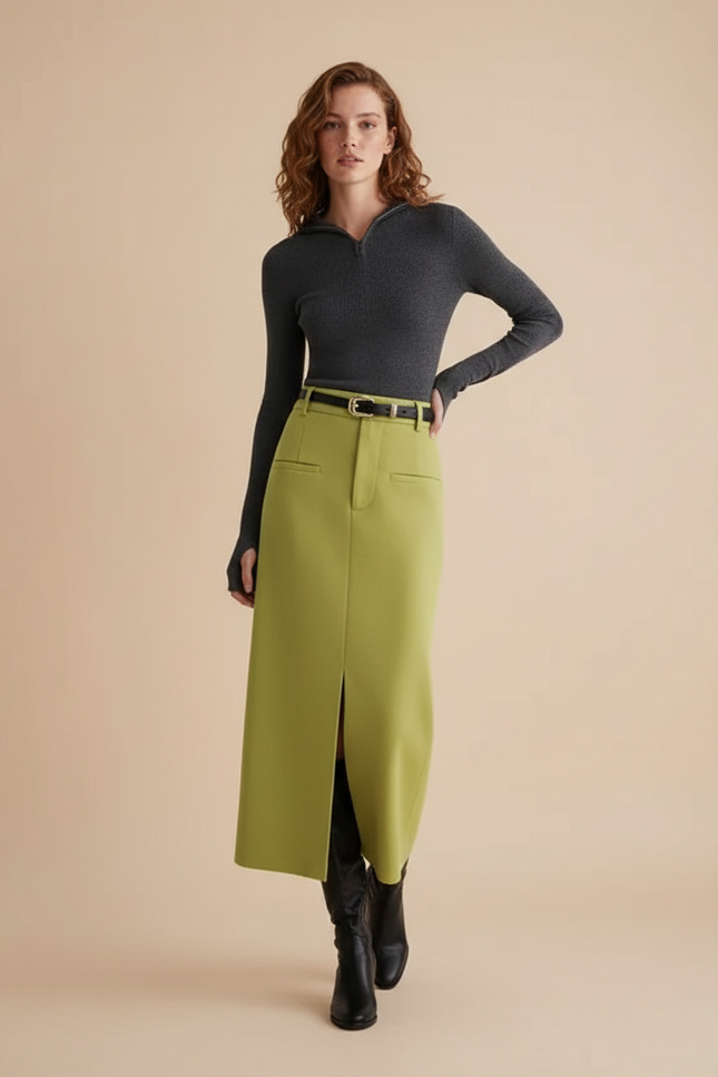 Jupe Midi Verte Fendue Chic tendance
