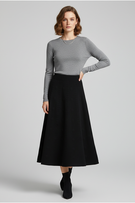 Jupe Midi Noir Motif Tricoté Élégante