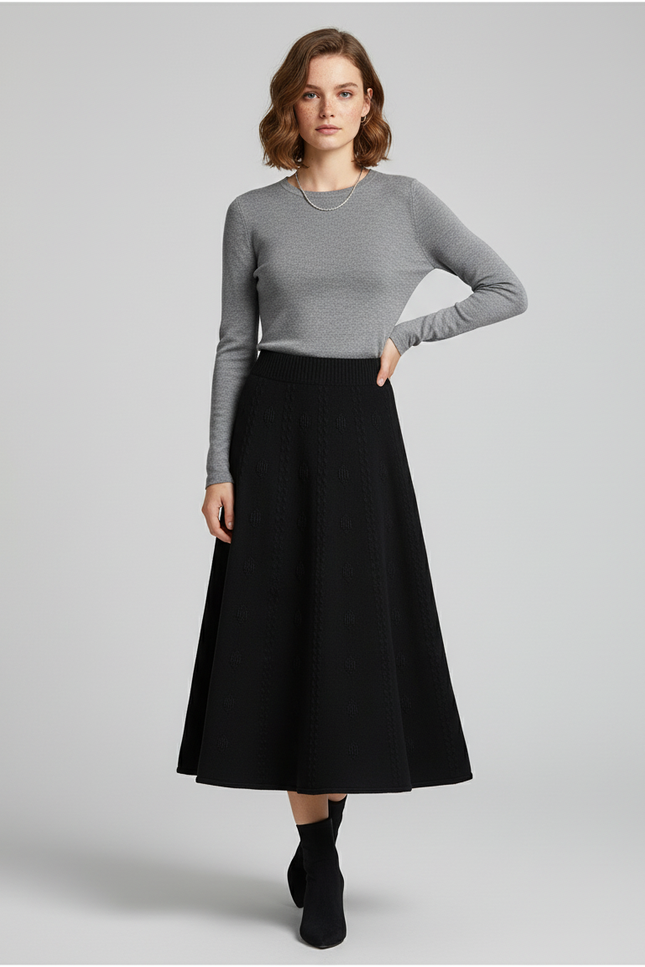 Jupe Midi Noir Motif Tricoté Élégante