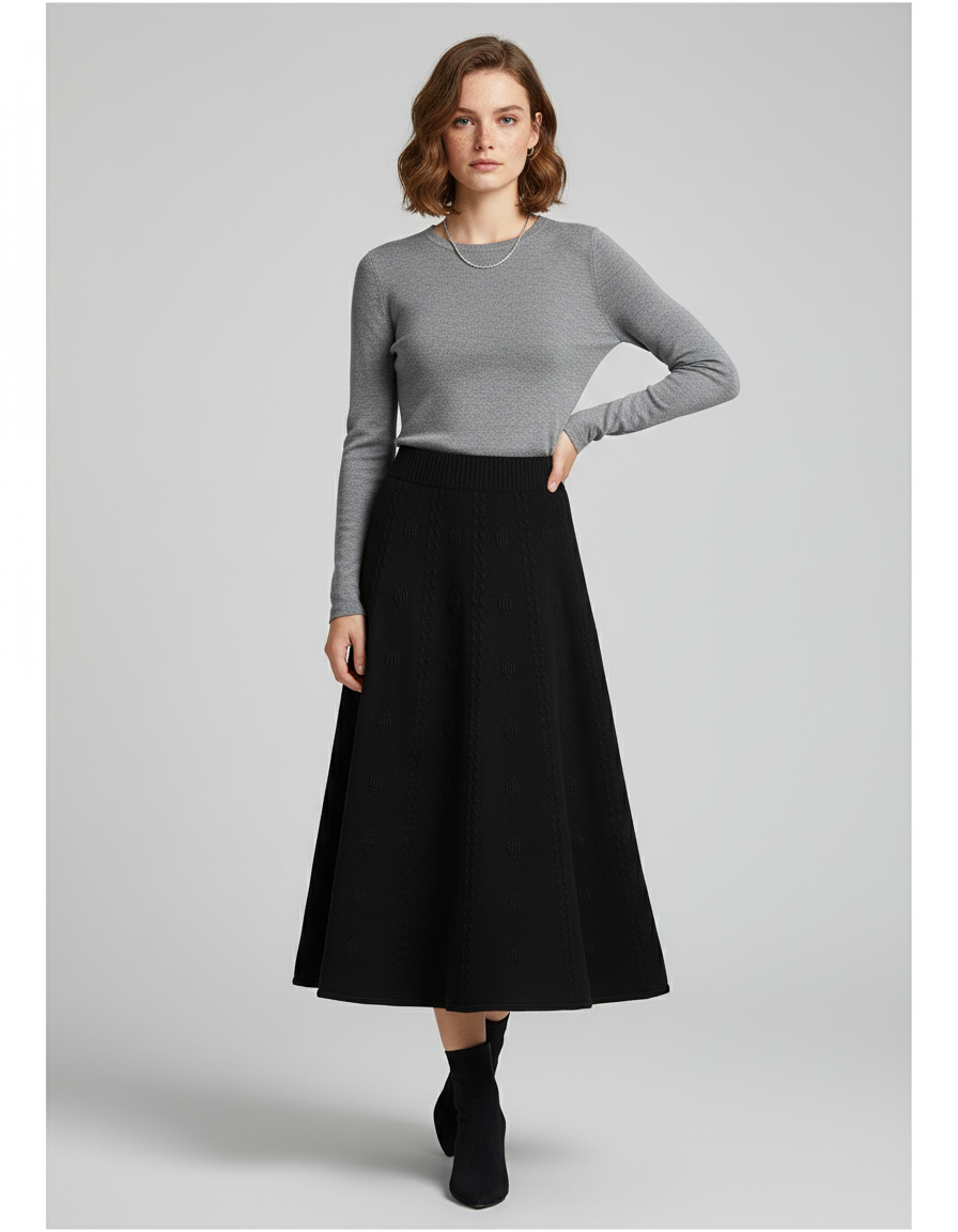 Jupe Midi Noir Motif Tricoté Élégante