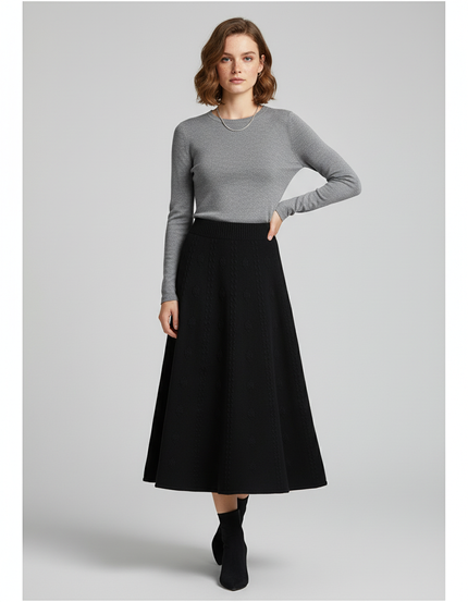 Jupe Midi Noir Motif Tricoté Élégante