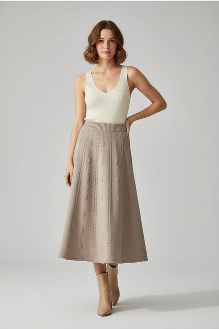 Jupe Midi Beige Maille Élégante