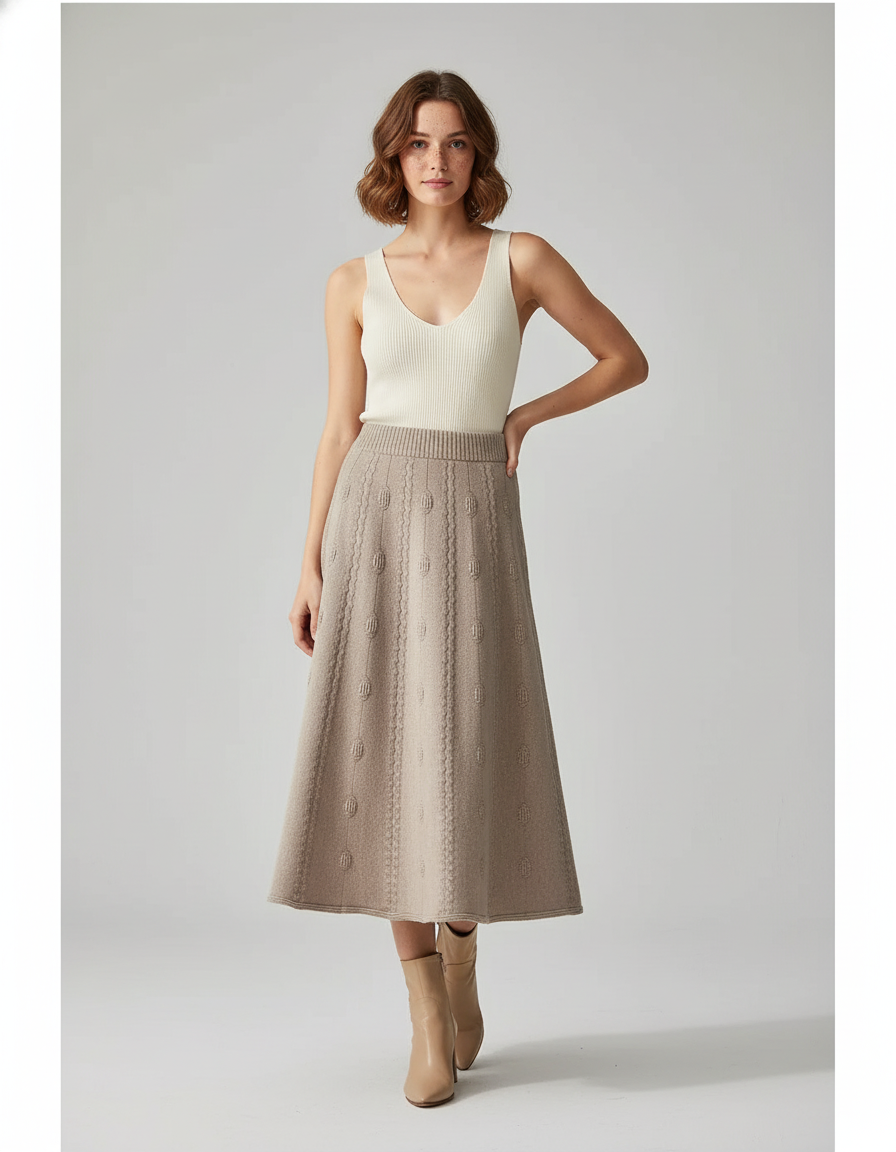 Jupe Midi Beige Maille Élégante