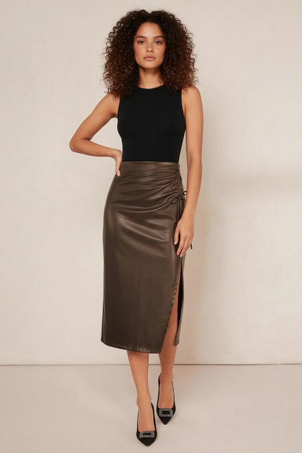 Jupe Midi Simili Cuir Marron Chic