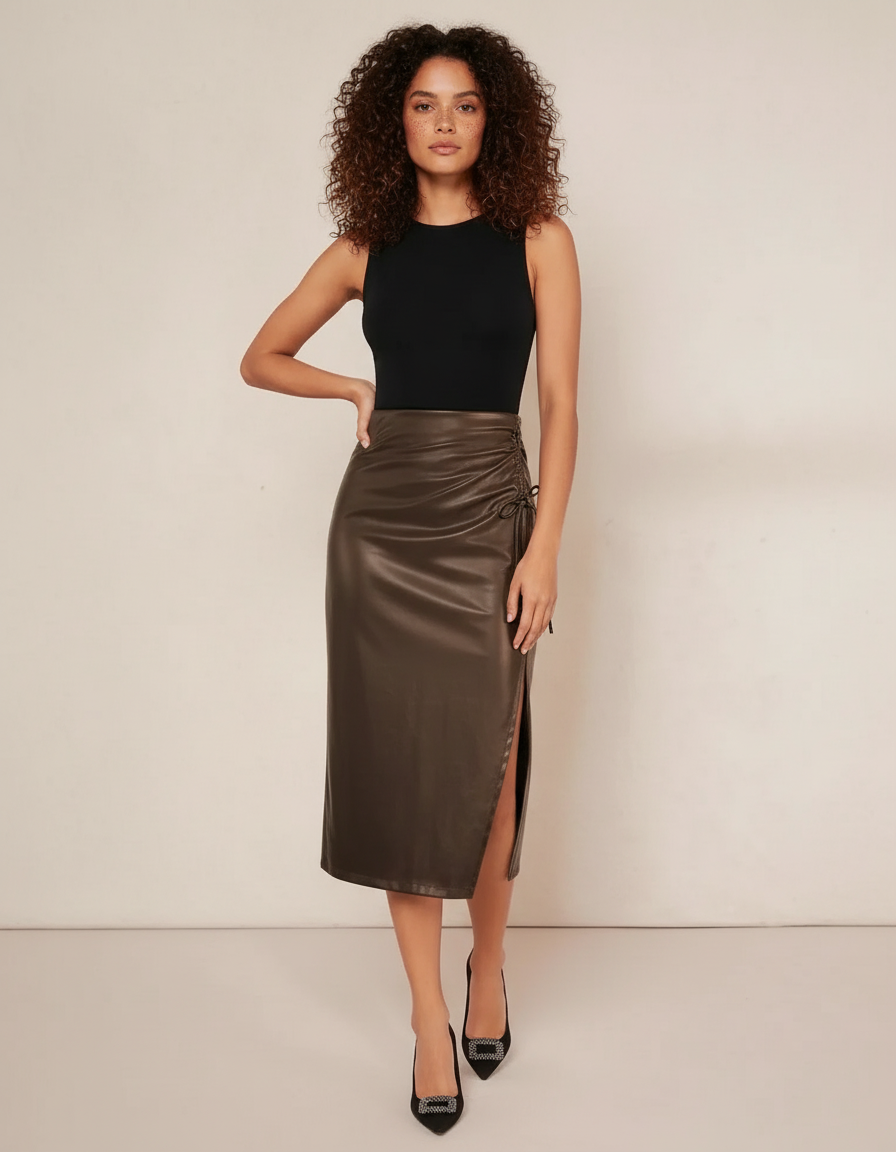 Jupe Midi Simili Cuir Marron Chic