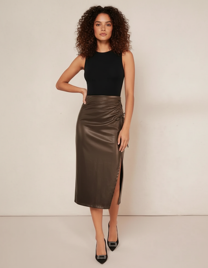 Jupe Midi Simili Cuir Marron Chic