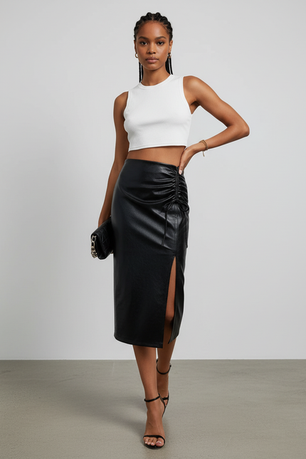 Jupe Midi Simili Cuir Noire Fendue Chic