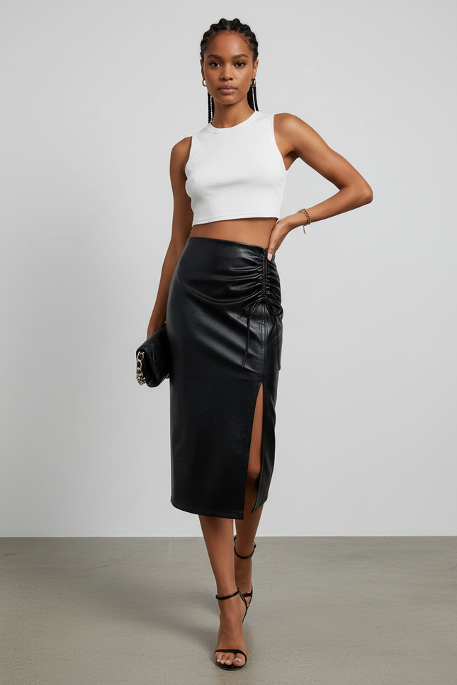 Jupe Midi Simili Cuir Noire Fendue Chic