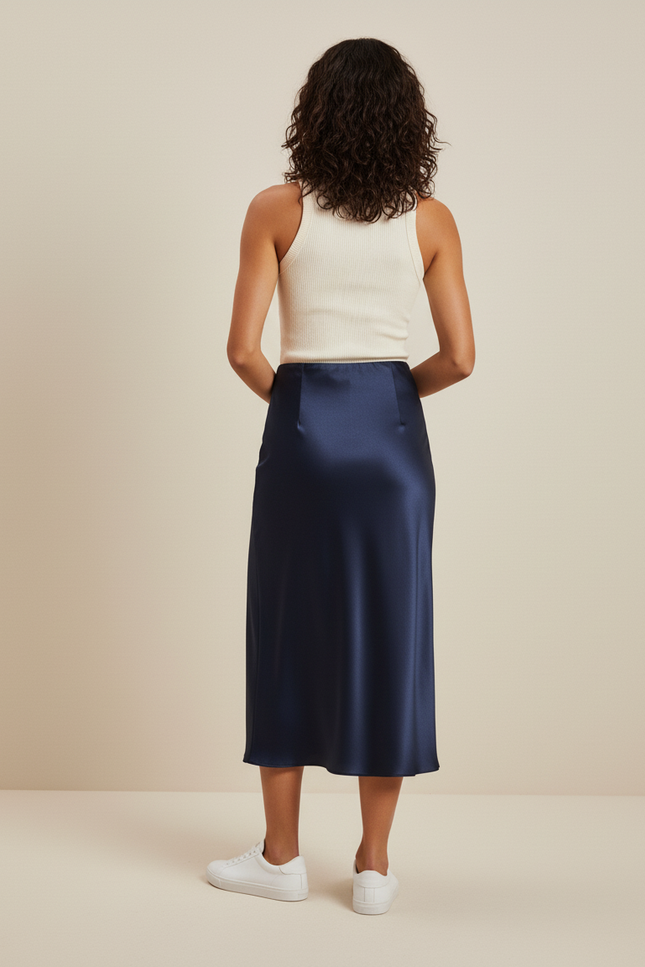 Jupe Midi Bleue Marine Satin Élégante