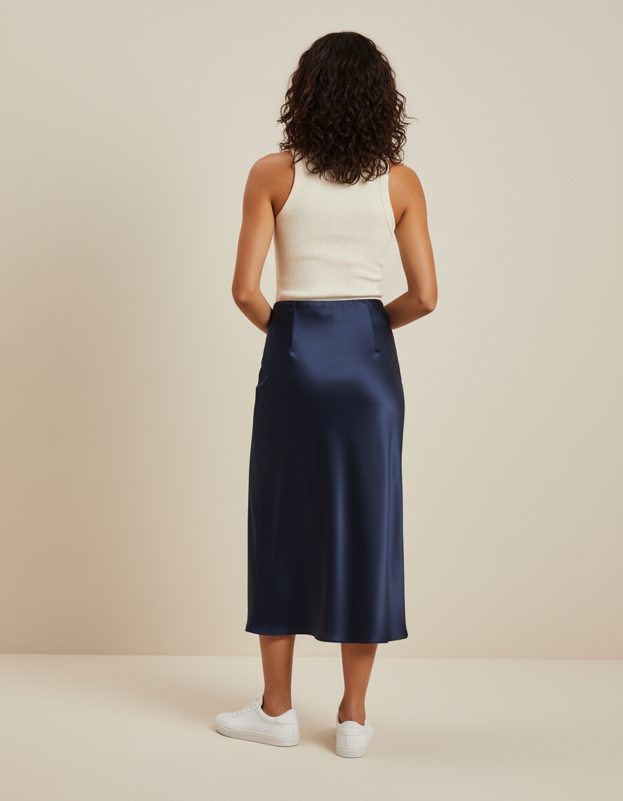 Jupe Midi Bleue Marine Satin Élégante