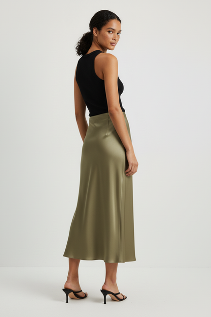 Jupe Midi Satinée Kaki Élégante
