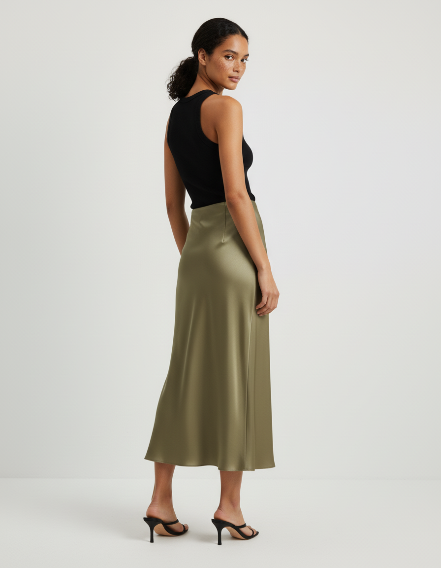 Jupe Midi Satinée Kaki Élégante