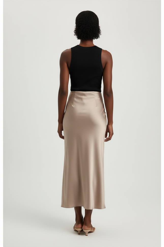 Jupe Midi Satin Beige Élégante
