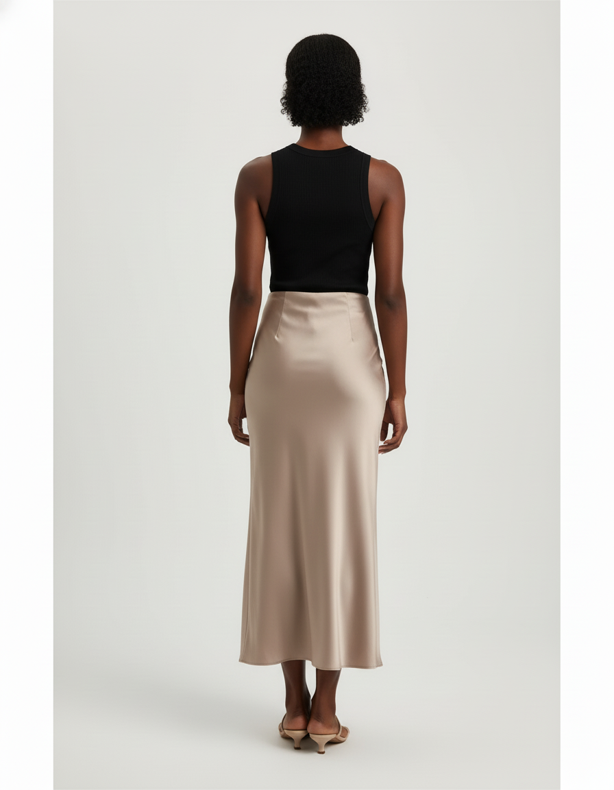 Jupe Midi Satin Beige Élégante