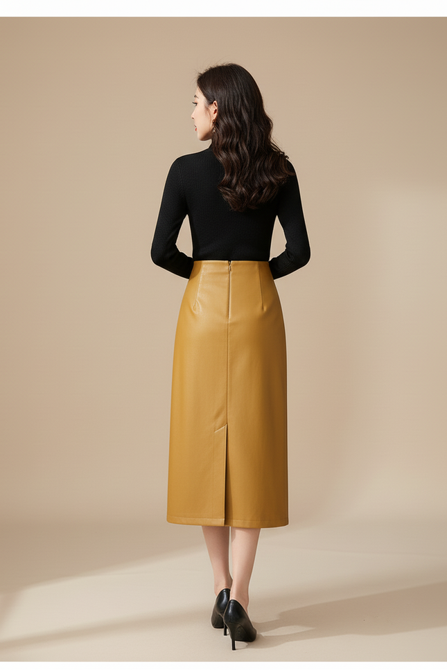 Jupe Midi Jaune Cuir Chic