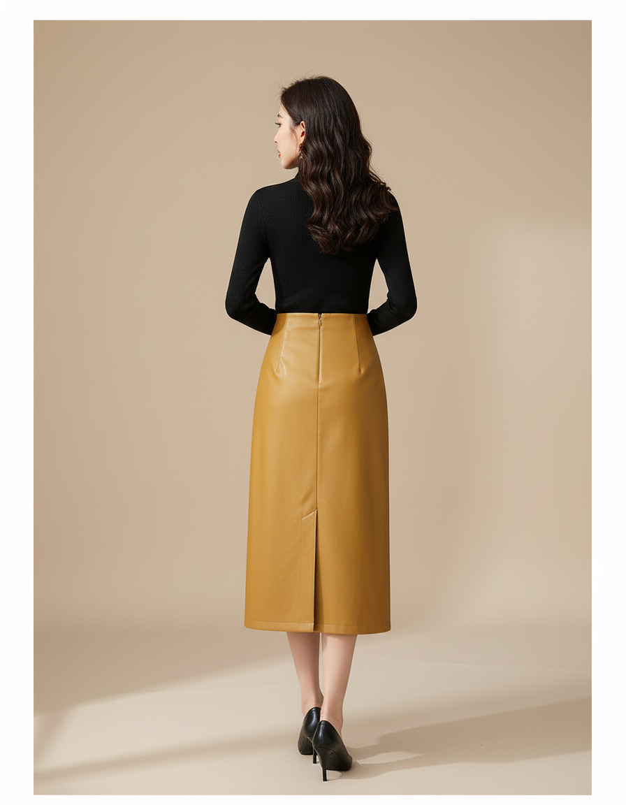 Jupe Midi Jaune Cuir Chic
