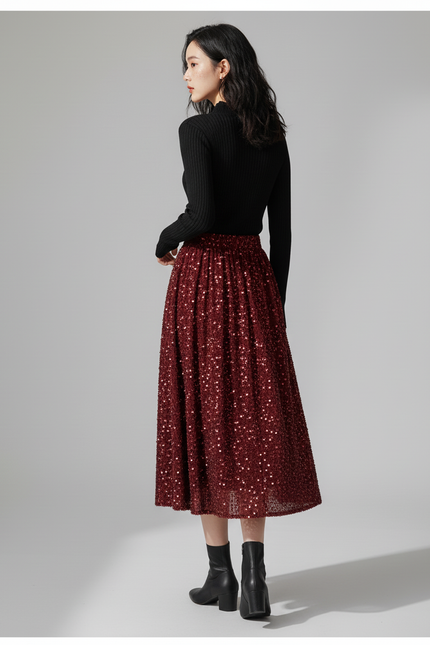 Jupe Midi Rouge Pailletée Élégante