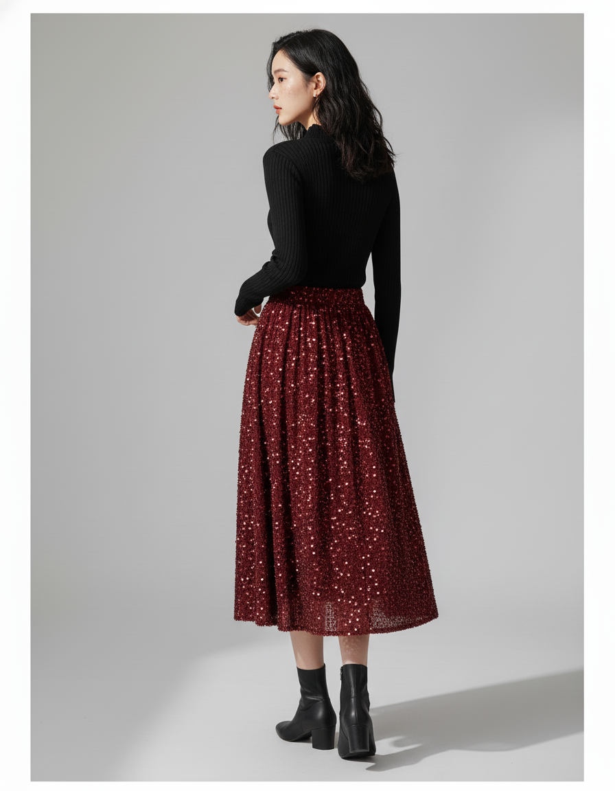 Jupe Midi Rouge Pailletée Élégante