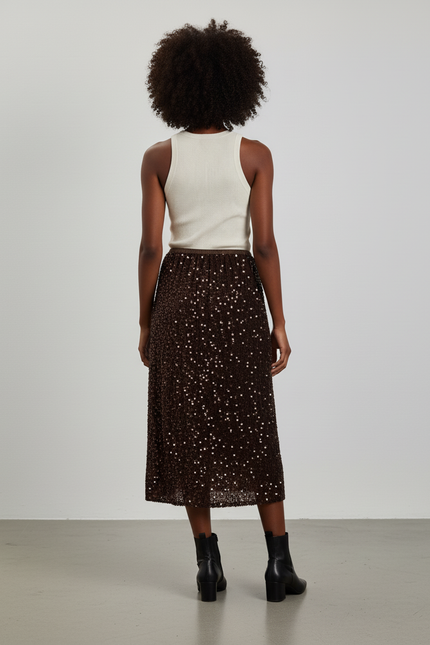 Jupe Midi Marron Pailletée Chic