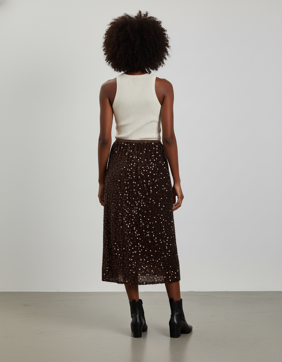 Jupe Midi Marron Pailletée Chic
