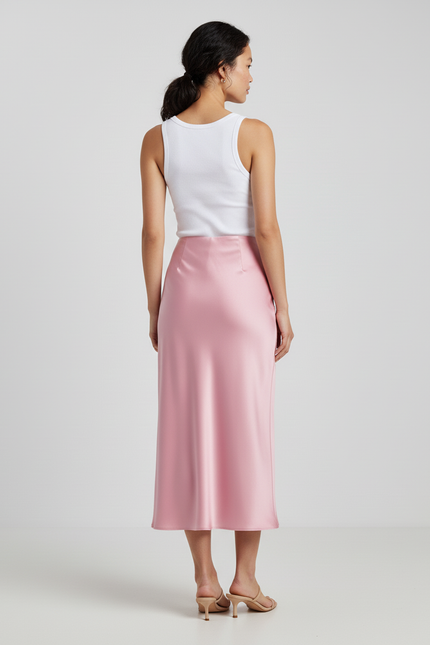 Jupe Midi Rose Satin Fluide
