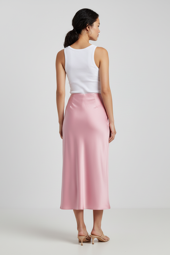 Jupe Midi Rose Satin Fluide