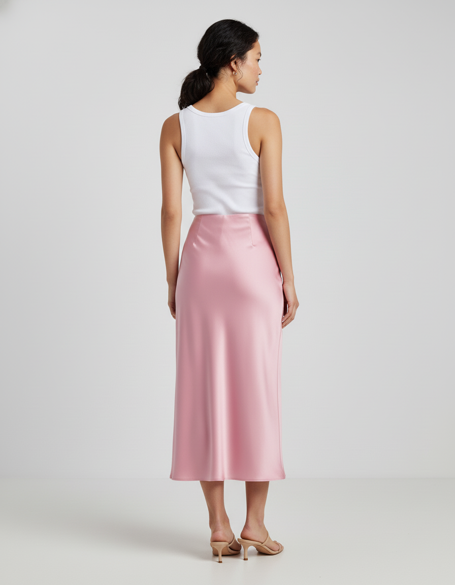 Jupe Midi Rose Satin Fluide